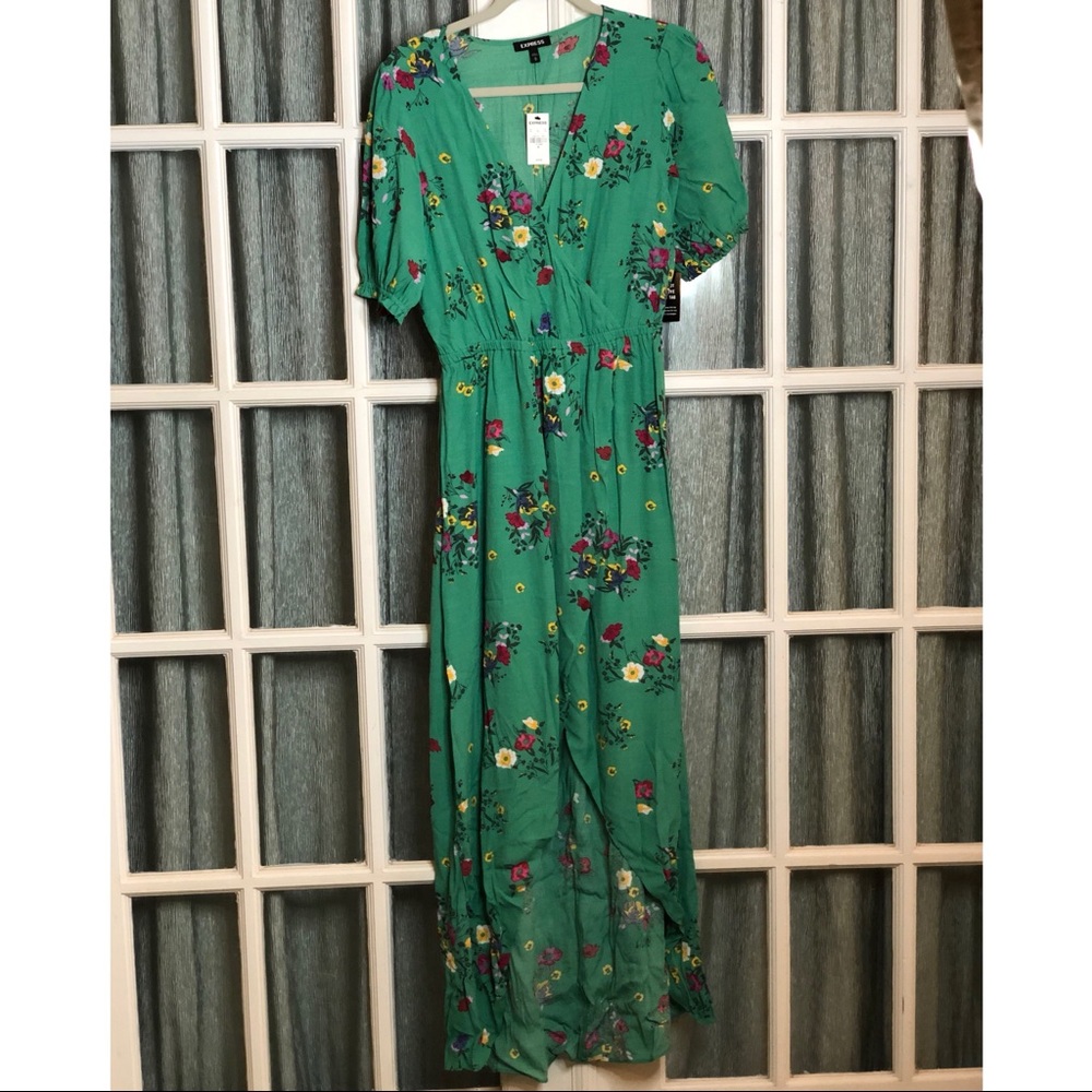 Express green medium high low floral dress NWT